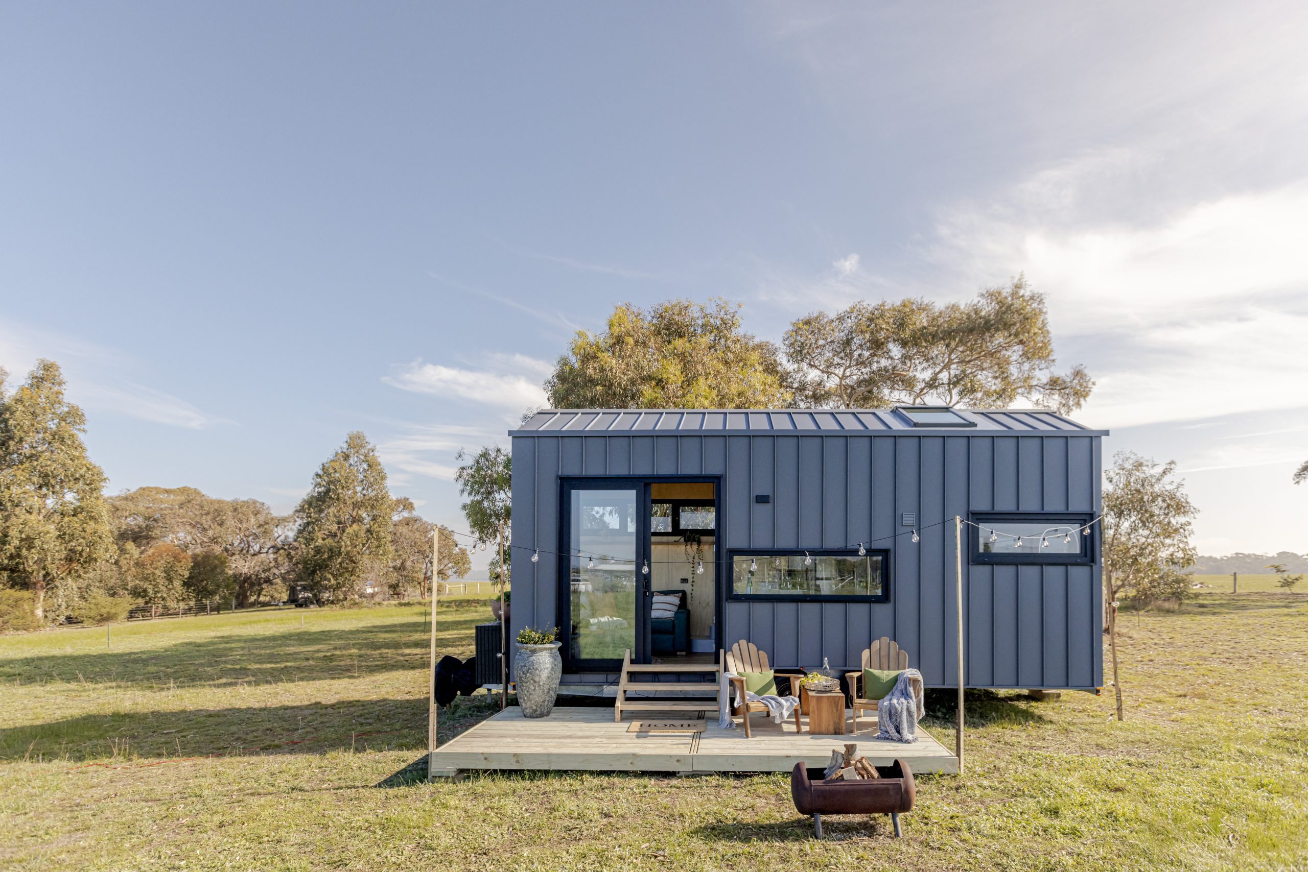 Manuka Tiny Home on Wheels – Exterior View Exterior view of a Manuka Tiny Home on Wheels parked on the Surf Coast Victoria