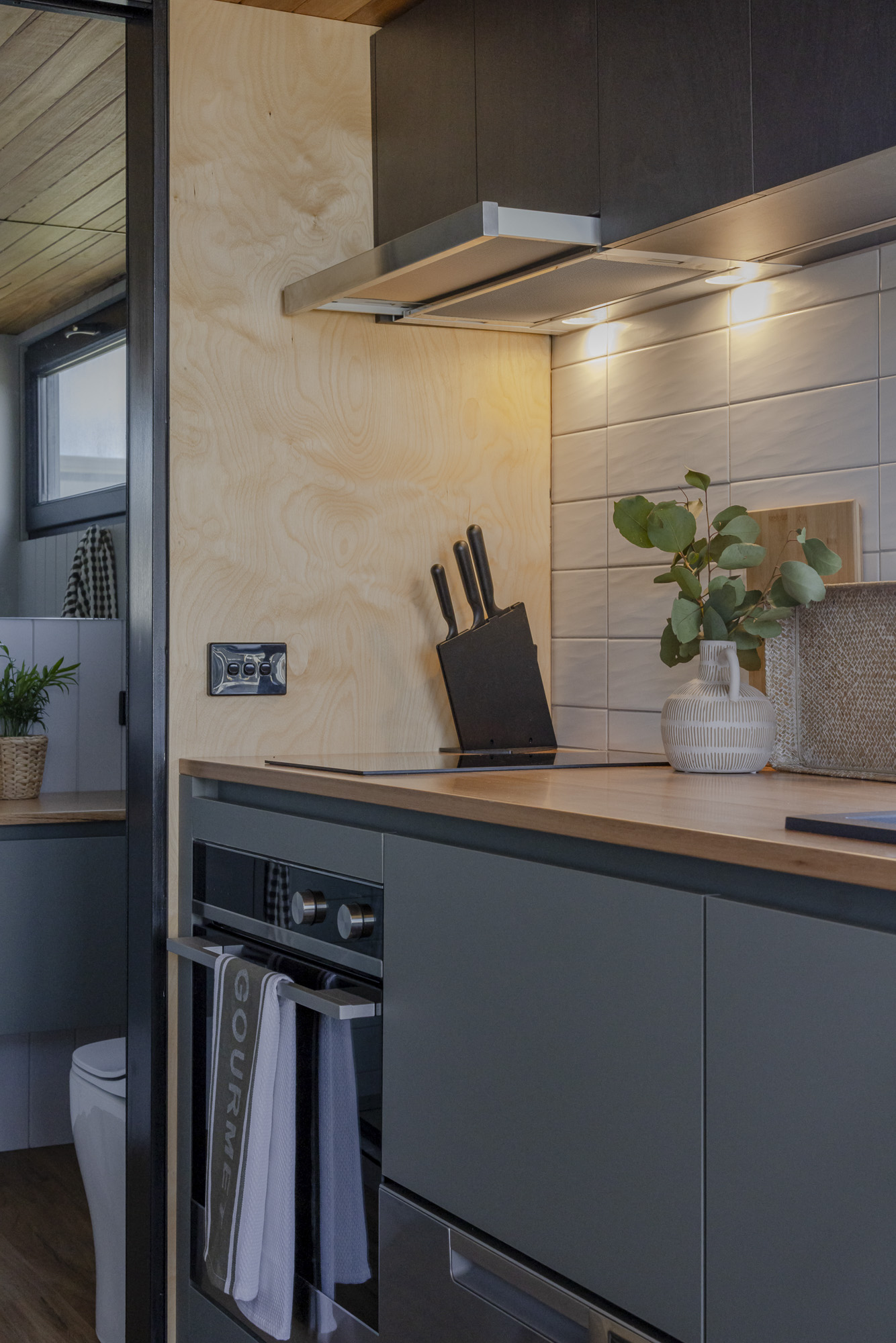 Tiny House Design Australia 1_32 Fisher and Paykel oven, cooktop and rangehood in luxury tiny home kitchen by Manuka Tiny Homes