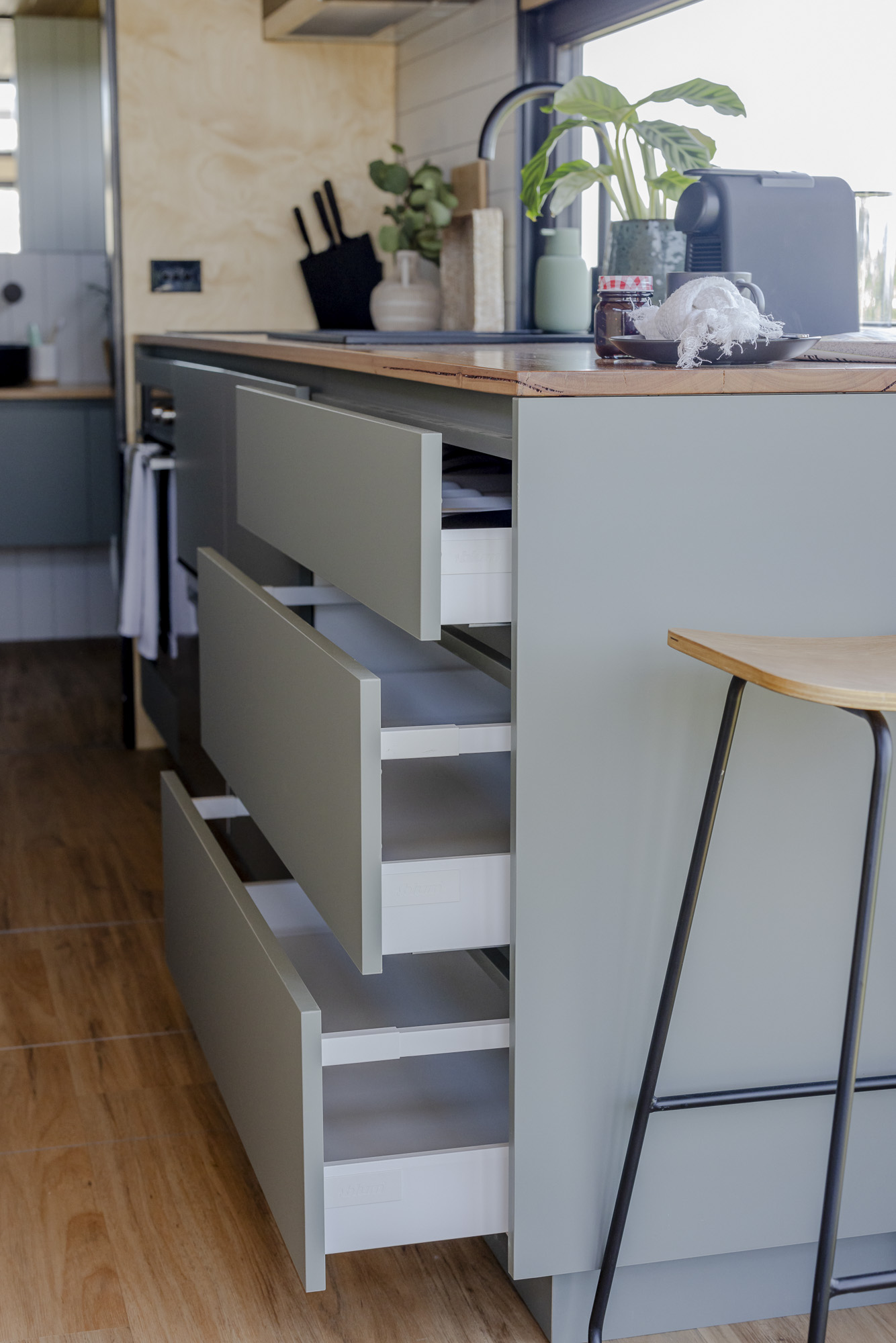 Tiny Home Storage – Vertical Pull-Out Pantry with Soft-Close Drawers