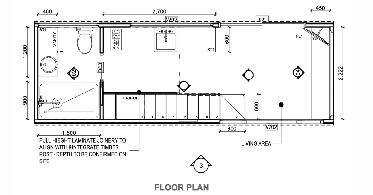 Floor plan of a 7.2m Luxe Loft Tiny Home on Wheels by Manuka Tiny Homes, showcasing a premium loft bedroom, custom staircase with built-in storage, open living area, and a fully equipped kitchen.