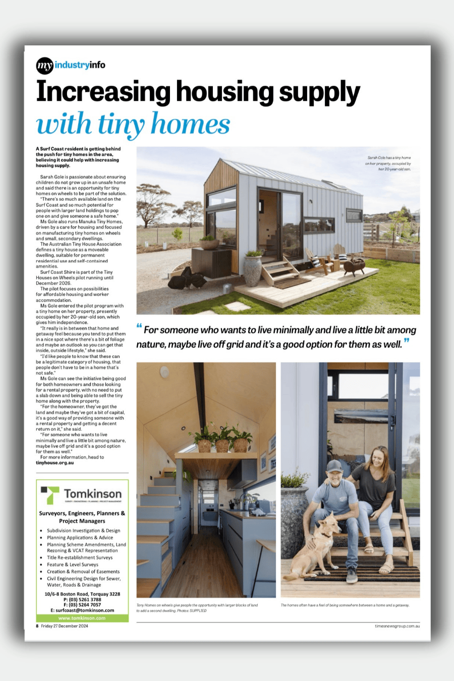 Article (900 x 1350 px) Manuka Tiny Homes featured in Surf Coast Times about increasing housing supply with tiny homes.