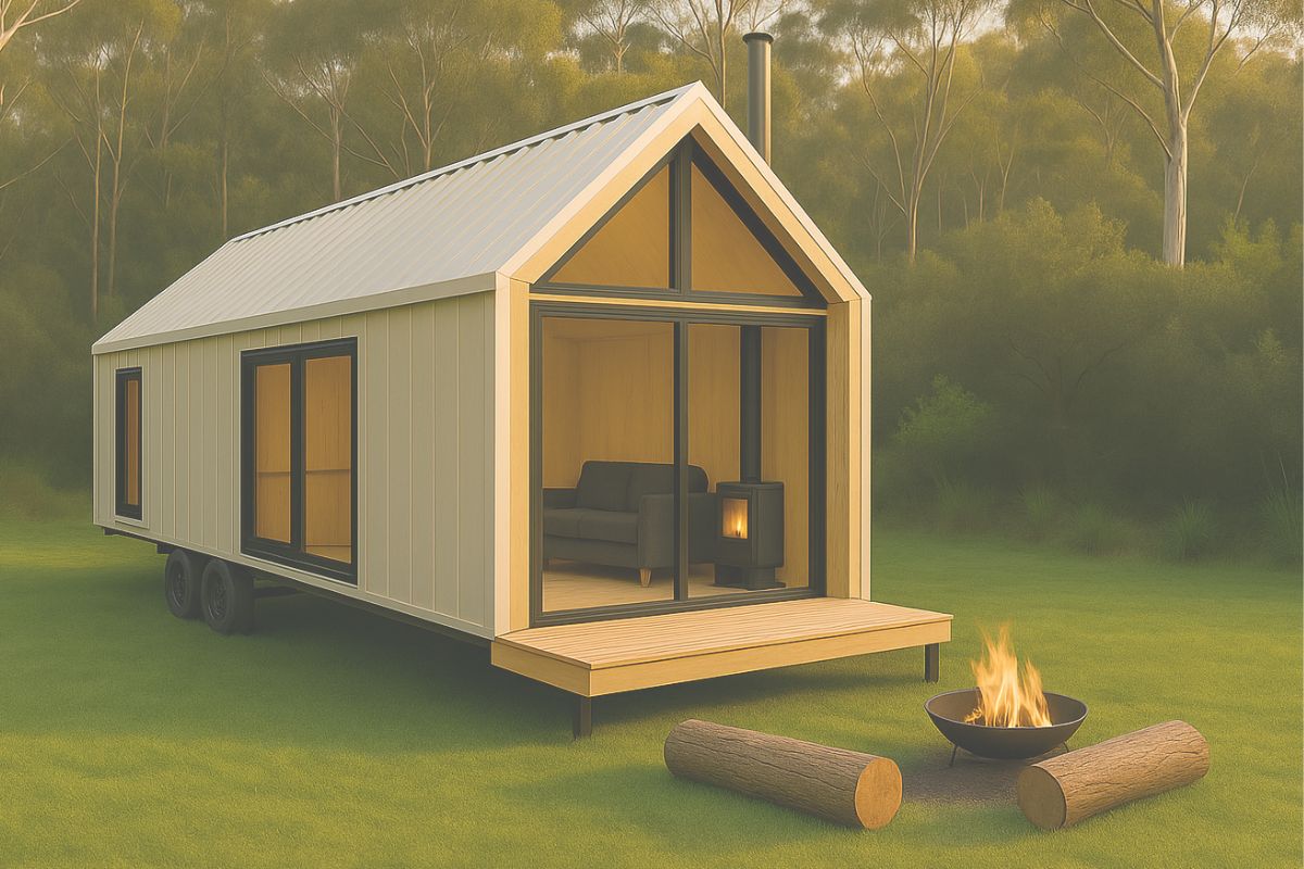 Tiny Eco with nature views Tiny Eco luxury tiny home on wheels with timber cladding and deck, designed for short-stay accommodation